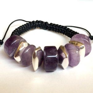 Silver Amethyst Stone Rope Bracelet Purple 6-9"